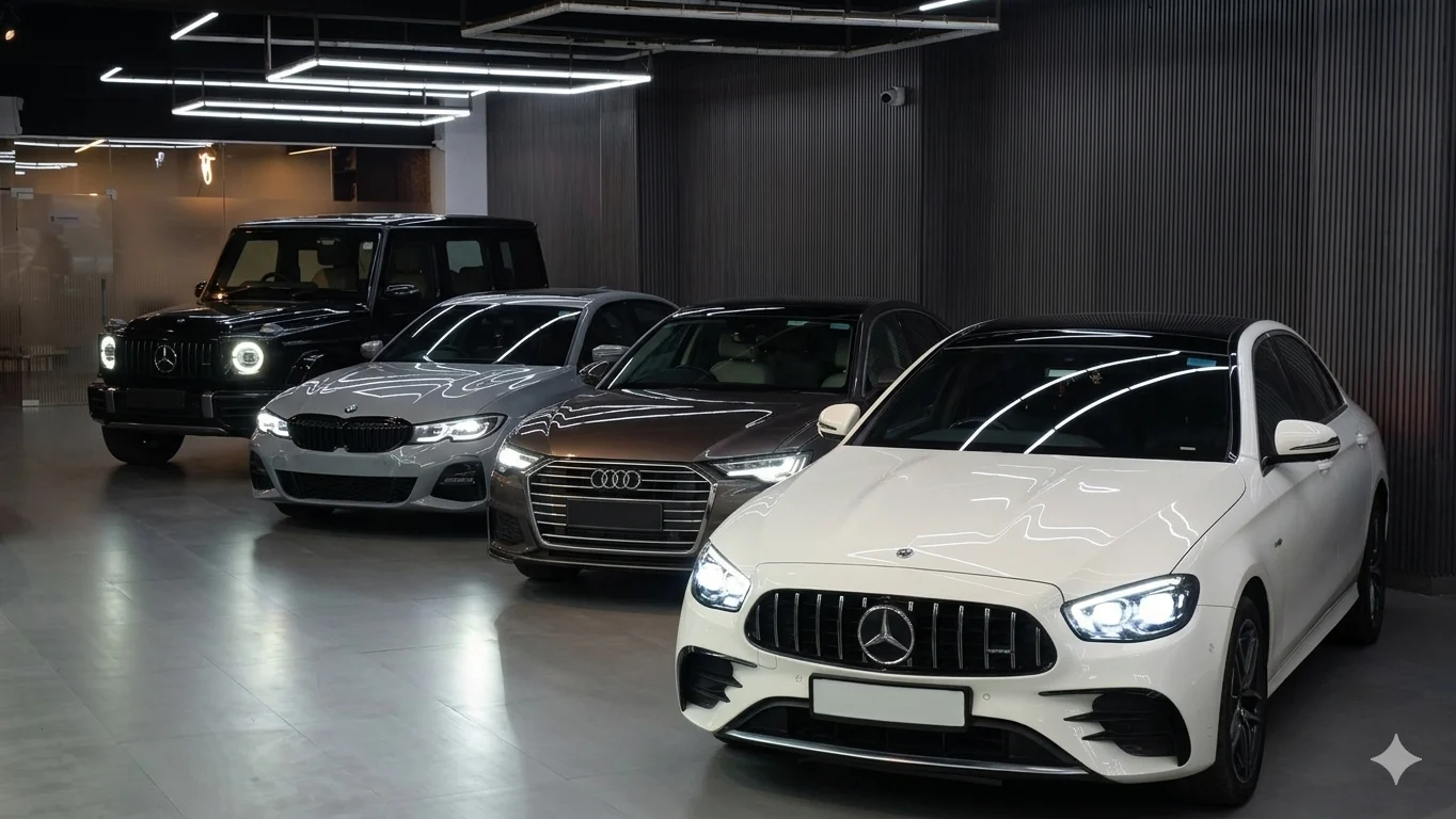 A6 Motor Group luxury car showroom - Mercedes G-Wagon, Defender, Mustang